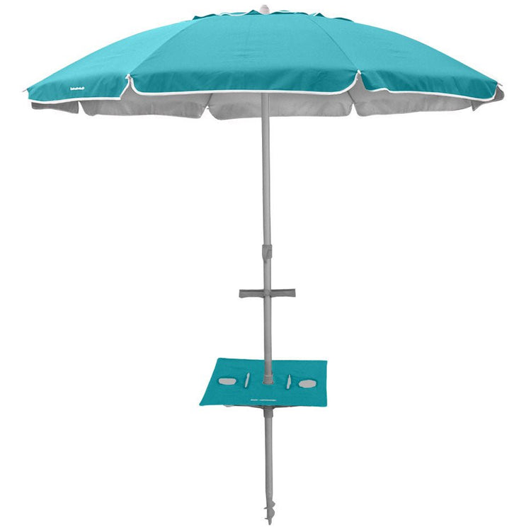 Beachcomber Umbrella 210cm turquoise canopy with fold-away Sunraker table and sturdy twist anchoring system