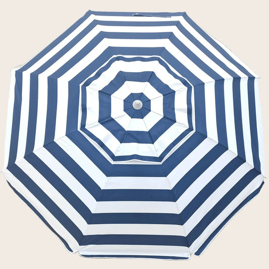 Daytripper 210cm Beach Umbrella with blue and white striped polyester canopy and central tilt mechanism