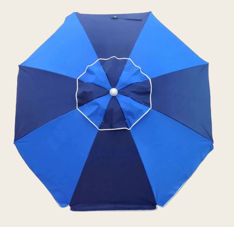 Fiesta 185cm Beach Umbrella, blue and navy polyester canopy with bold alternating panels and central vented design