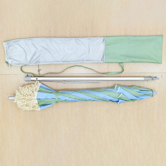Hollie & Harrie Retro BLUE/SAGE Panel Fringe Beach Umbrella - Beachkit