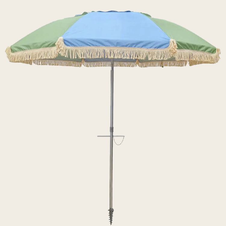 LovinSummer Retro Classic Fringe Beach Umbrella - Blue & Sage panel