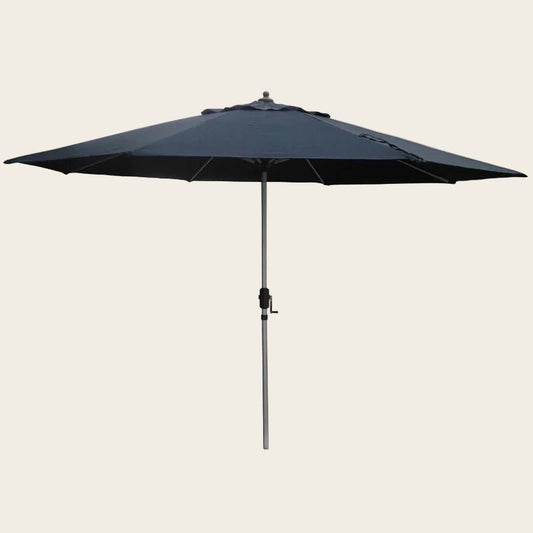 Market 335cm Shade Umbrella with a black poly-canvas canopy, vented design and central metal pole