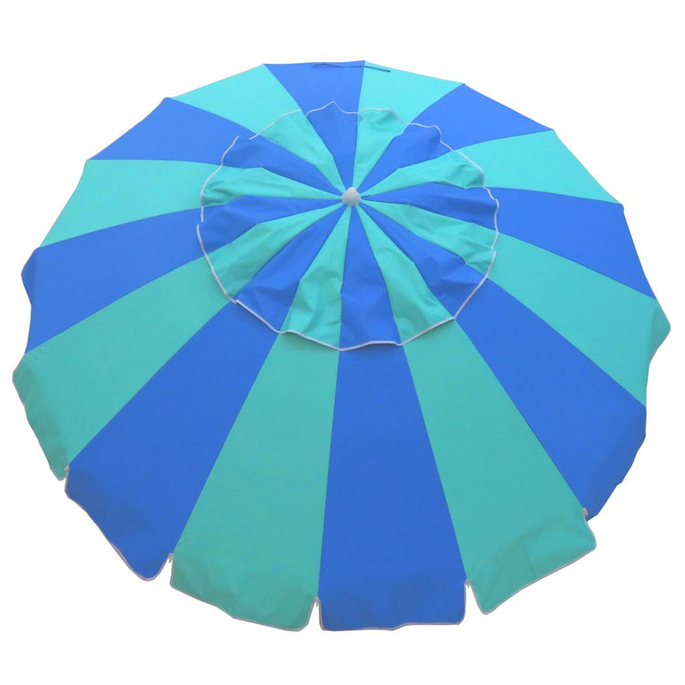 Carnivale 240cm Beach Umbrella - Blue & TurquoiseThe Beachkit Carnivale is a fun coloured large sized beach umbrella. Its 240cm canopy will cover 4 people comfortably. It has a tilt feature and a unique Quik Twist Beachkit
