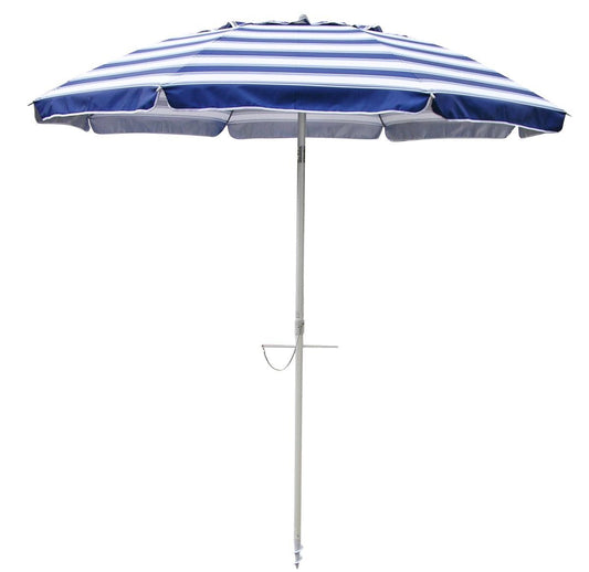 Daytripper 210cm Beach Umbrella in nautical blue and white stripes with twist anchor system and carry bag