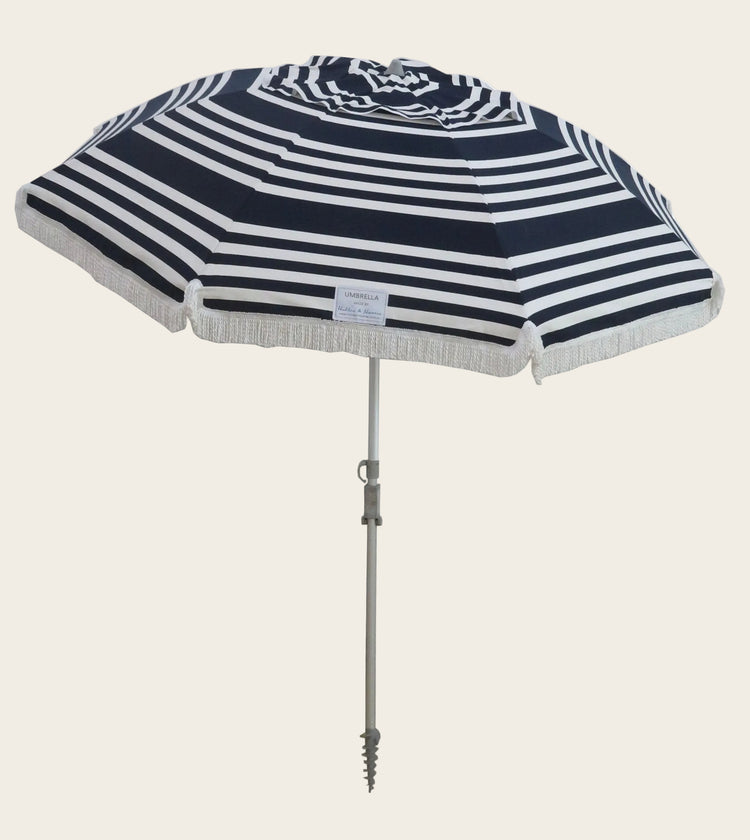Hollie & Harrie Classic Fringe 210cm striped navy and white canvas beach umbrella with cotton fringe and sturdy pole