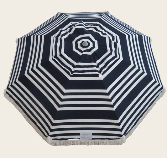 Hollie & Harrie Classic Fringe 210cm navy and white striped beach umbrella with cotton fringe canopy