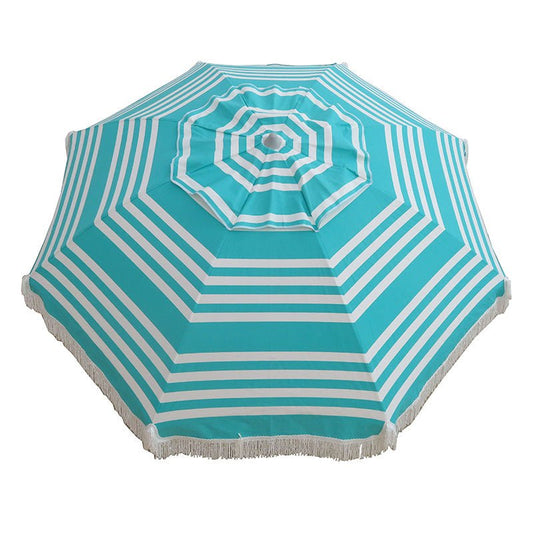 Hollie & Harrie 210cm Fringe Beach Umbrella in turquoise iridescent stripe with cotton fringe and UPF50+ protection