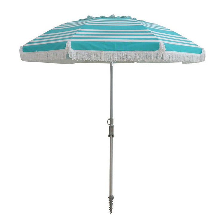 Hollie & Harrie 210cm Fringe Beach Umbrella in iridescent turquoise stripe with cotton fringe and UPF50+ canopy
