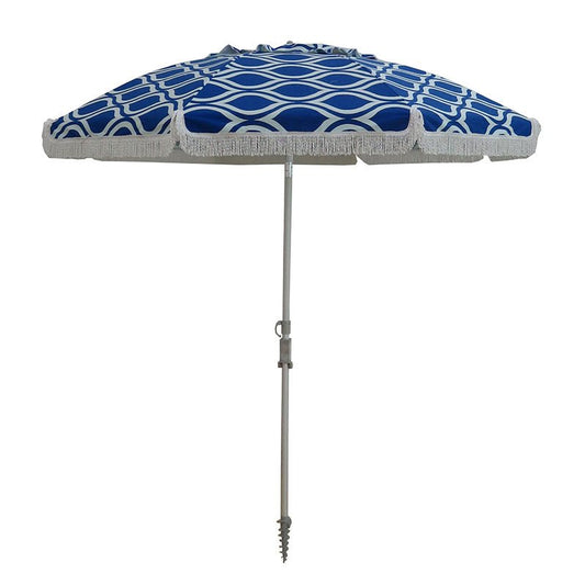 Classic Fringe Beach Umbrella Moroccan Blue 210cm cotton canopy with fringe and geometric pattern
