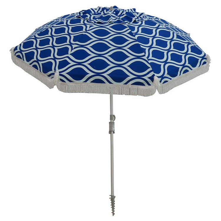 Classic Fringe Beach Umbrella Moroccan Blue with cotton fringe and 210cm canopy