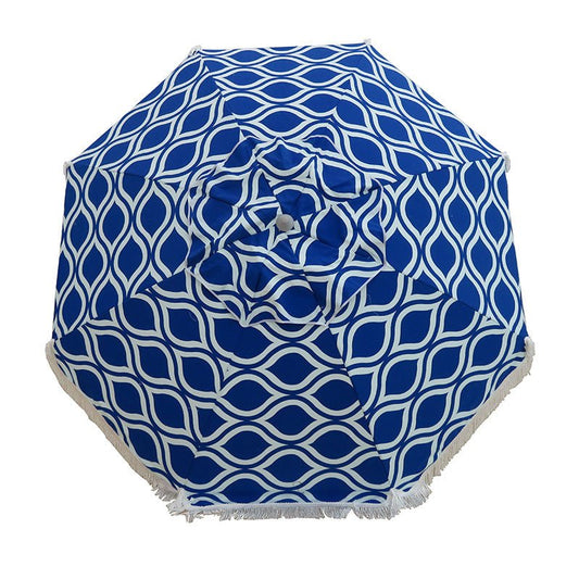 Classic Fringe Beach Umbrella in Moroccan Blue with cotton fringe and 210cm canopy
