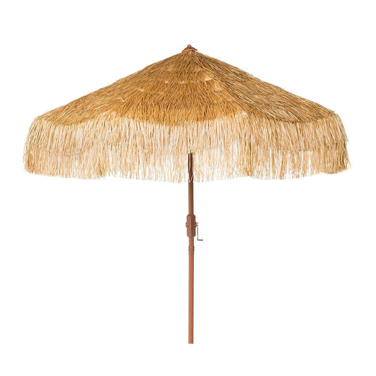 Hula 275cm Market Umbrella with raffia thatch canopy and crank lift system for tropical outdoor shade