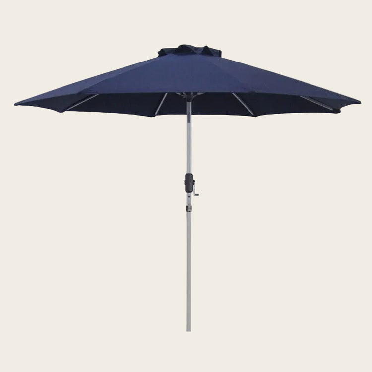 Market 275cm navy shade umbrella with heavy-duty poly-canvas canopy and Aluma-Pro frame, featuring crank lift and 3-way tilt for outdoor use