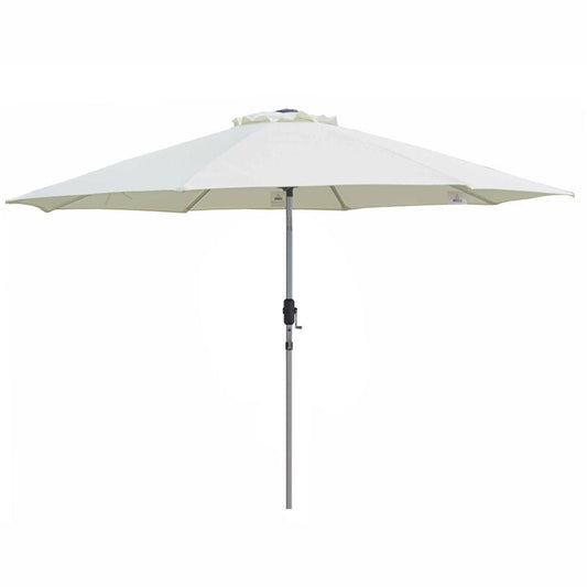 Market 335cm Shade Umbrella in vanilla with commercial-grade Aluma-Pro frame and 300-gram poly-canvas canopy, featuring a wind vent, crank lift, and 3-way tilt.