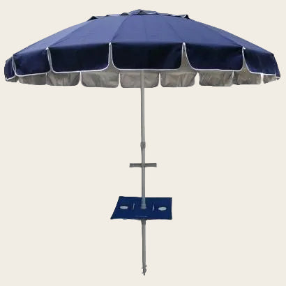 Maxibrella Beach Umbrella with large canopy and built-in Sunraker table with holders and self-anchoring auger for sand stability