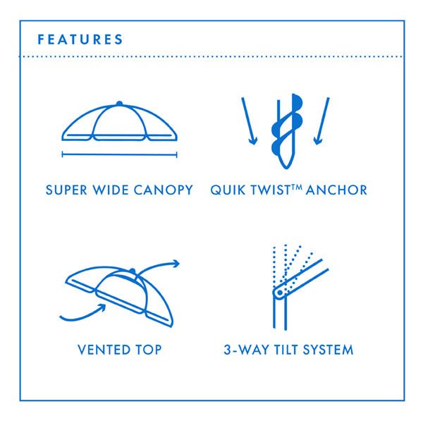 Maxibrella 240cm beach umbrella features super wide canopy, Quik Twist anchor, vented top, and 3-way tilt system