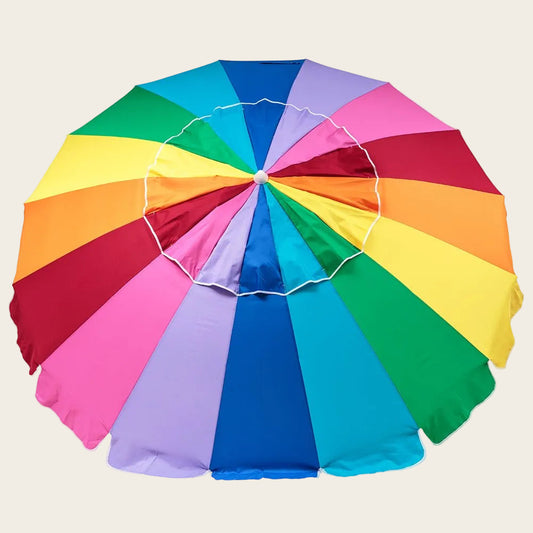 Rainbow 240cm Beach Umbrella in bright multicolour panels, with a scalloped canopy and flexible fibreglass ribs