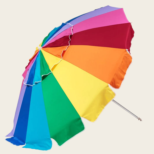 Rainbow 240cm beach umbrella with bright rainbow panels, UV protection, tilt feature, and self-anchoring sand auger.