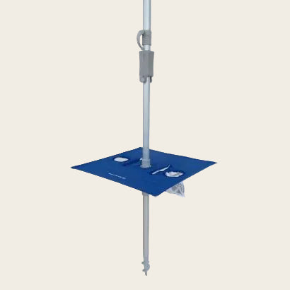 Navy Sunraker Pole with built-in foldaway table for 240cm umbrellas with drink holders and phone/key slots