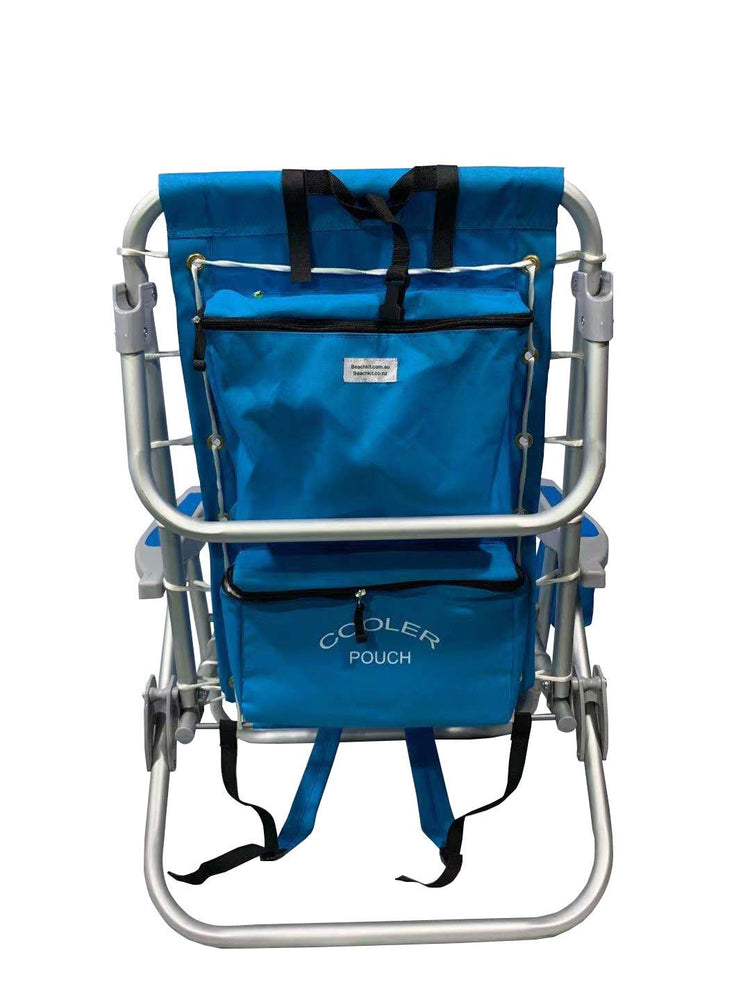 Blue Ultimate Backpack Chair with built-in cooler pouch and adjustable straps