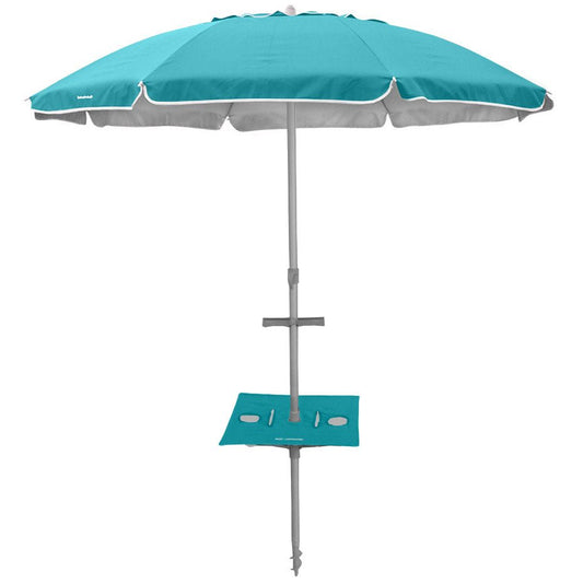 Beachcomber Umbrella 210cm turquoise canopy with fold-away Sunraker table and sturdy twist anchoring system