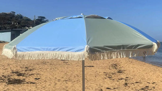 Hollie & Harrie Retro BLUE/SAGE Panel Fringe Beach Umbrella - Beachkit