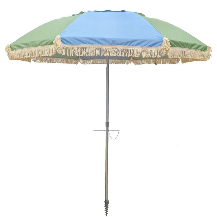 Hollie & Harrie Retro BLUE/SAGE Panel Fringe Beach Umbrella - Beachkit
