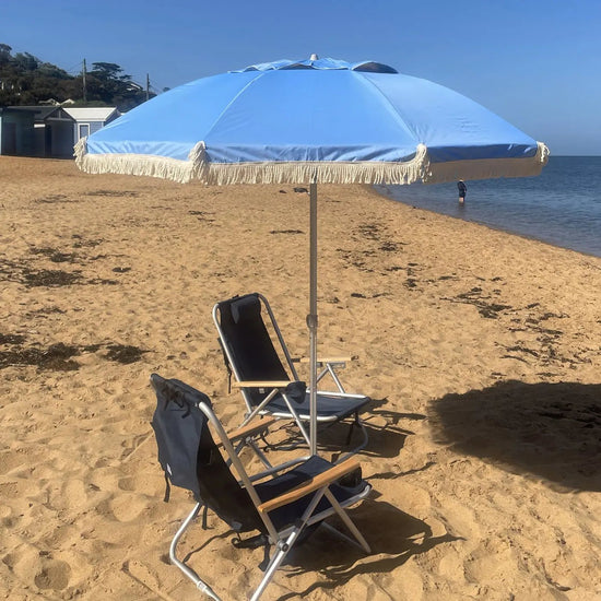Hollie & Harrie Retro PALE BLUE Classic Fringe Beach Umbrella - Beachkit