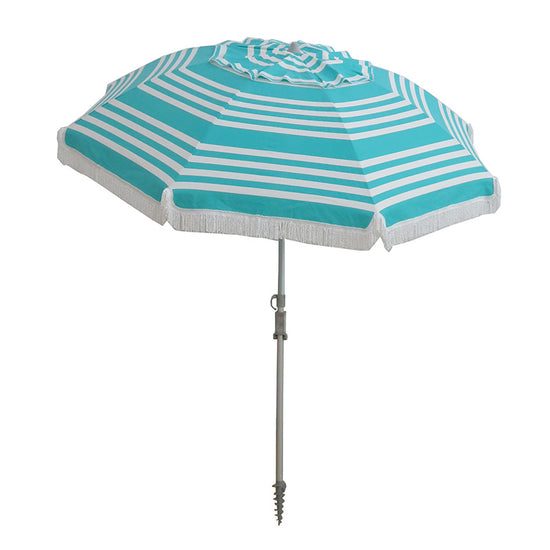 Hollie & Harrie Classic Fringe 210cm Canvas Beach Umbrella - IridescenThe bright and light 'Iridescent Stripe' turquoise colour way conjures thoughts of delightful tropical lagoons, crystal clear waters and afternoon snorkelling adventBeachkit