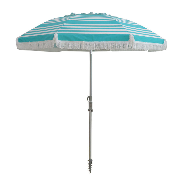 Hollie & Harrie Classic Fringe 210cm Canvas Beach Umbrella - IridescenThe bright and light 'Iridescent Stripe' turquoise colour way conjures thoughts of delightful tropical lagoons, crystal clear waters and afternoon snorkelling adventBeachkit