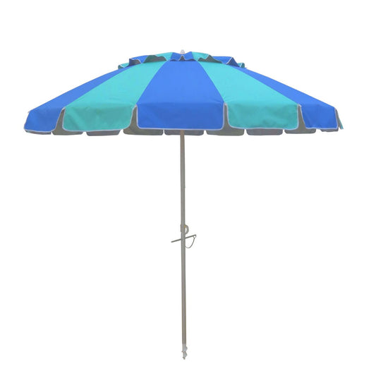 Carnivale 240cm Beach Umbrella with blue and turquoise panels and self-anchoring auger