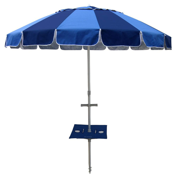 Carnivale Beach Umbrella with built-in Sunraker table in royal and navy blue panels