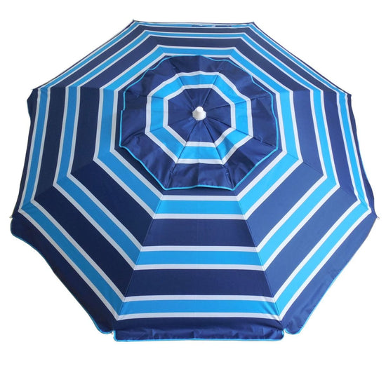 Daytripper 210cm beach umbrella with aqua and navy stripes providing ample summer shade