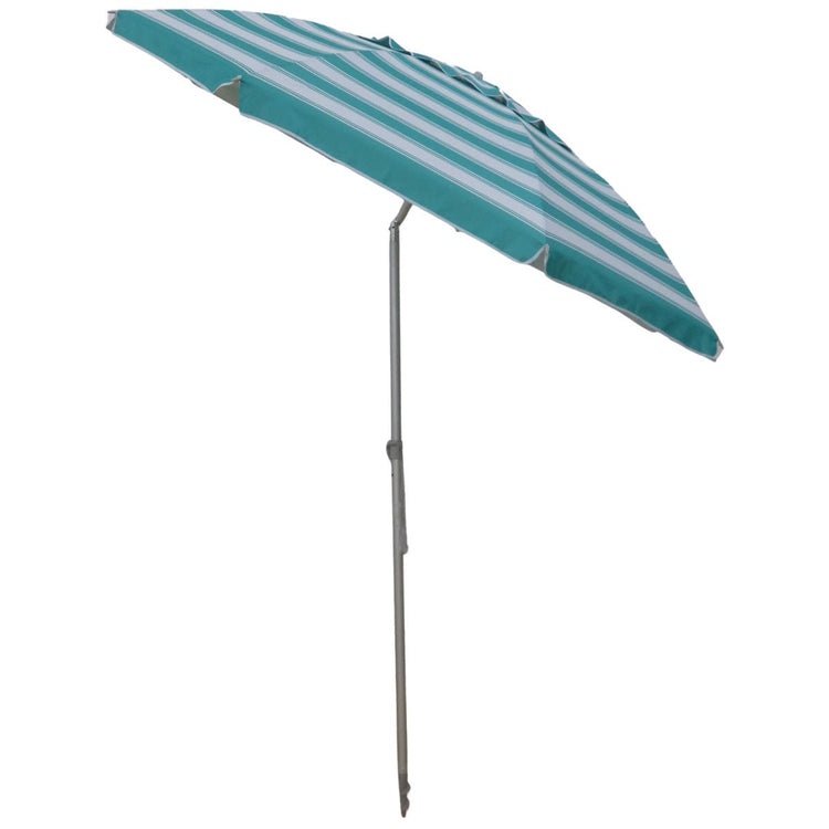 Daytripper 210cm Beach Umbrella turquoise and white striped lightweight shade with twist anchor system