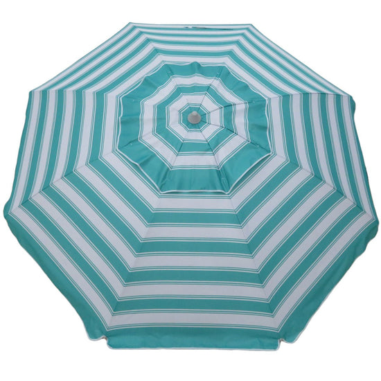 Daytripper 210cm Beach Umbrella turquoise and white striped pattern providing ample shade