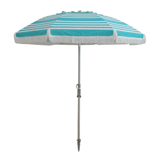 Hollie & Harrie 210cm Fringe Beach Umbrella in iridescent turquoise stripe with cotton fringe and UPF50+ canopy
