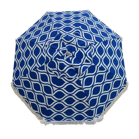 Classic Fringe Beach Umbrella in Moroccan Blue with cotton fringe and 210cm canopy
