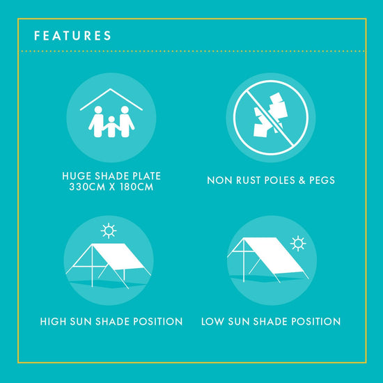 Lovin Summer Sombrilla Shade Tent features large 330x180cm cotton canvas shade, non-rust poles, and versatile high and low sun positions.