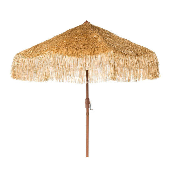 Hula 275cm Market Umbrella with raffia thatch canopy and crank lift system for tropical outdoor shade
