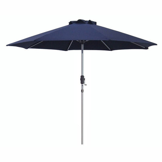 Market 275cm navy shade umbrella with heavy-duty poly-canvas canopy and Aluma-Pro frame, featuring crank lift and 3-way tilt for outdoor use