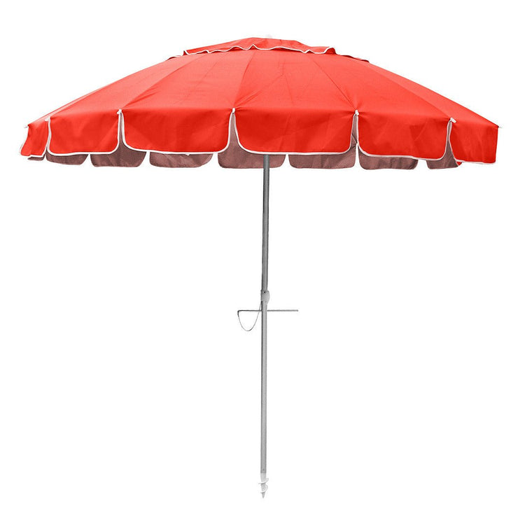 Maxibrella 240cm beach umbrella in bright fluro orange with tilt feature and self-anchoring sand auger