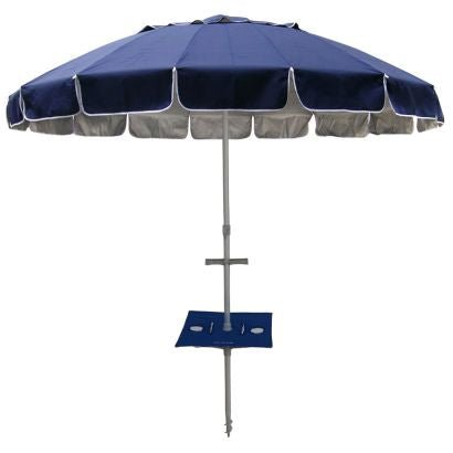 Maxibrella Beach Umbrella with large canopy and built-in Sunraker table with holders and self-anchoring auger for sand stability
