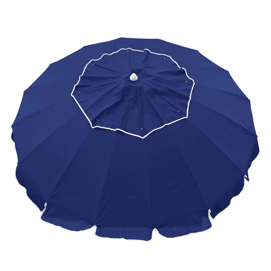 Maxibrella Beach Umbrella large blue canopy with built-in Sunraker table and tilt feature for outdoor comfort