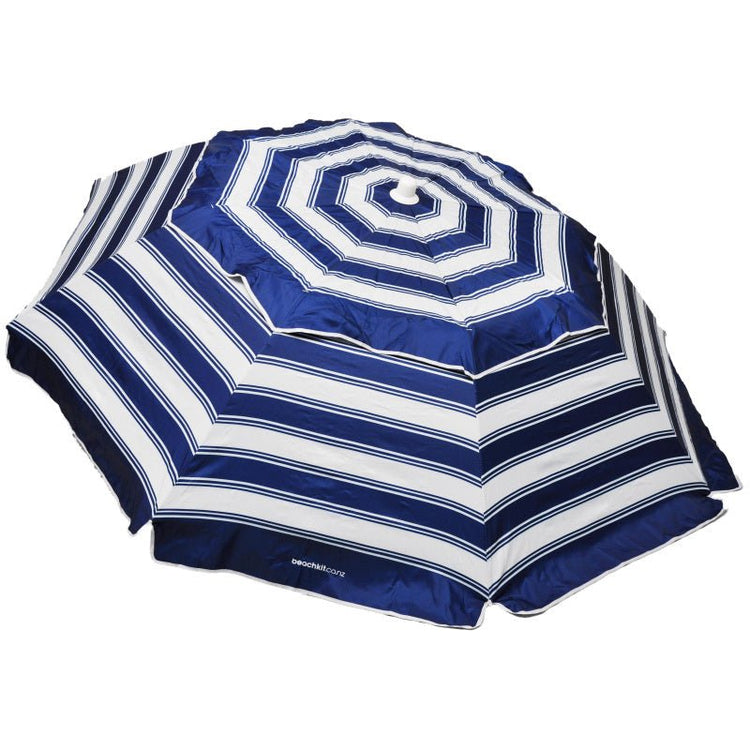 Compact blue and white nautical stripe beach umbrella with self-anchoring auger, lightweight and portable design