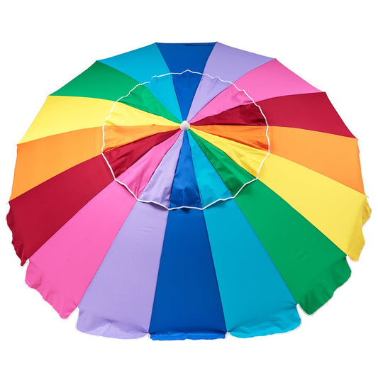 Rainbow 240cm beach umbrella with vibrant rainbow panels, UV protection, and tilt feature