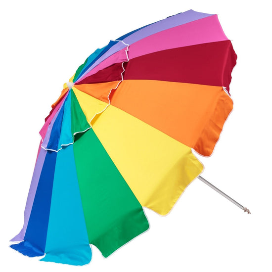 Rainbow 240cm beach umbrella with bright rainbow panels, UV protection, tilt feature, and self-anchoring sand auger.