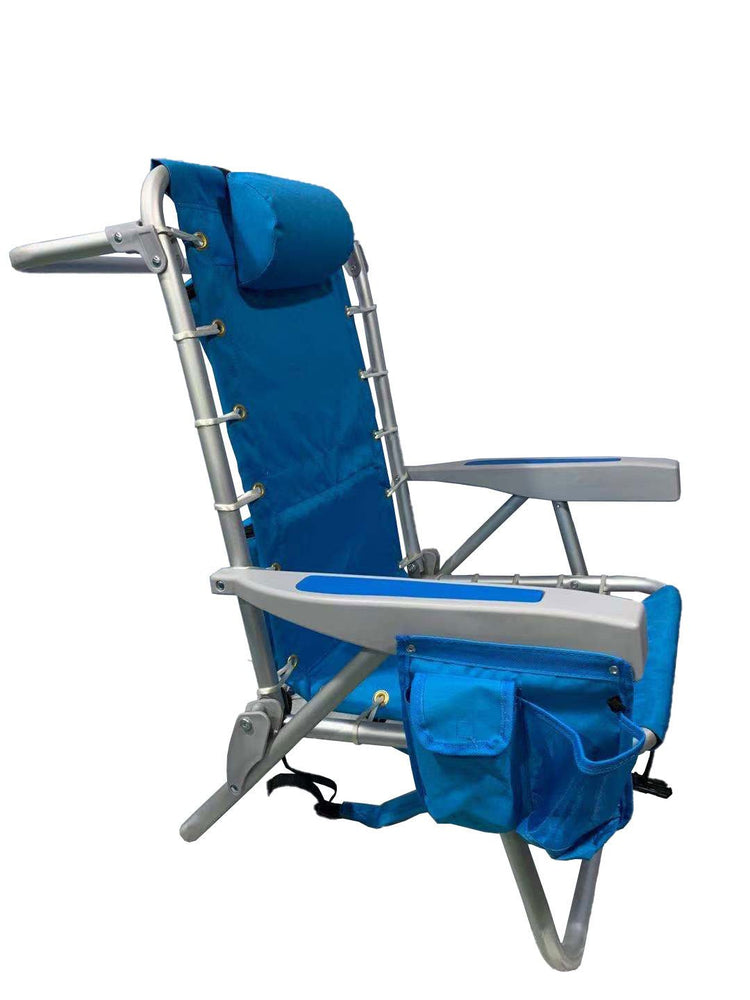 Blue ultimate backpack chair with cooler pouch, adjustable headrest, and lightweight aluminum frame for comfortable beach lounging