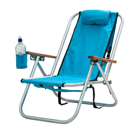 Beachkit Wearever Backpack Chair in turquoise with cup holder, adjustable pillow, and wooden armrests for outdoor use