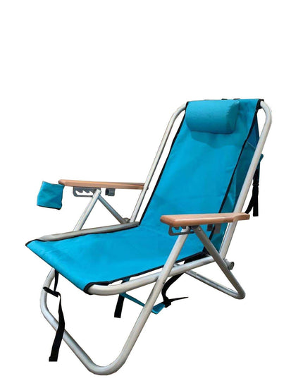 Turquoise Beachkit Wearever Backpack Chair with hardwood arms, adjustable pillow, cup holder, and reclining positions for outdoor use