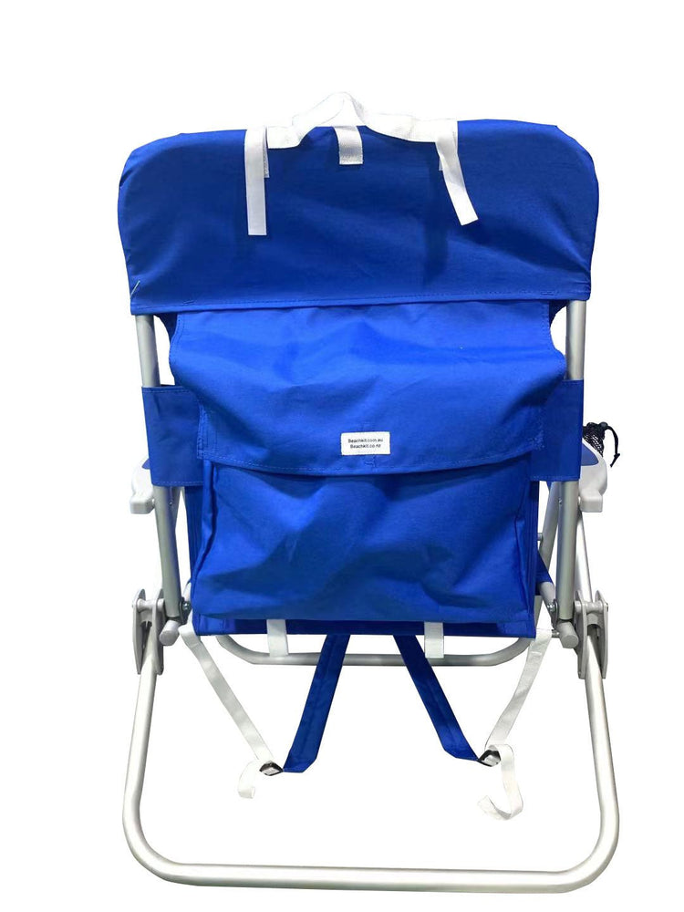 XL 'Big Guy' Aluminium Backpack Chair in royal blue with built-in cooler and cup holder, wide 45cm seat and durable aluminium frame for beach use